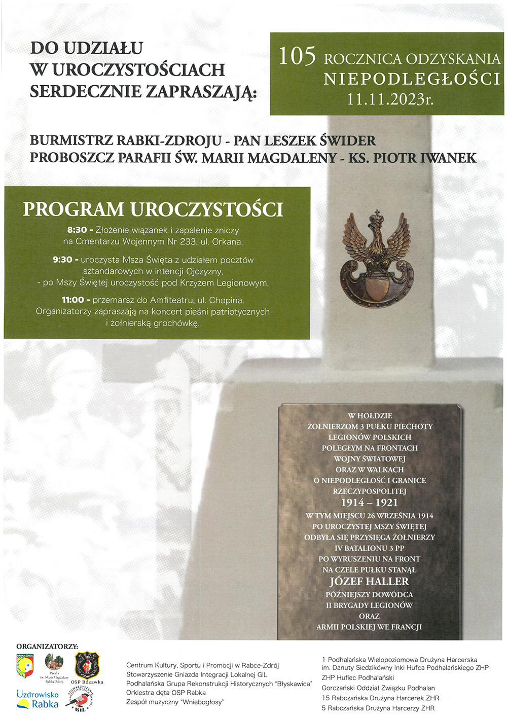 Plakat imprezy. Informacje wydarzeniu na krzyża legionowego w Rabce-Zdroju.